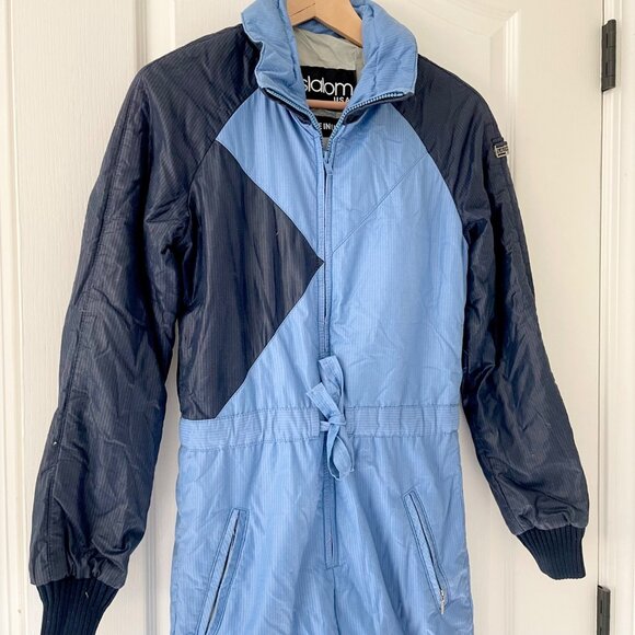 Vintage 80s Slalom Apex Colorblock Ski Jumpsuit Blue & Navy - Picture 2 of 10